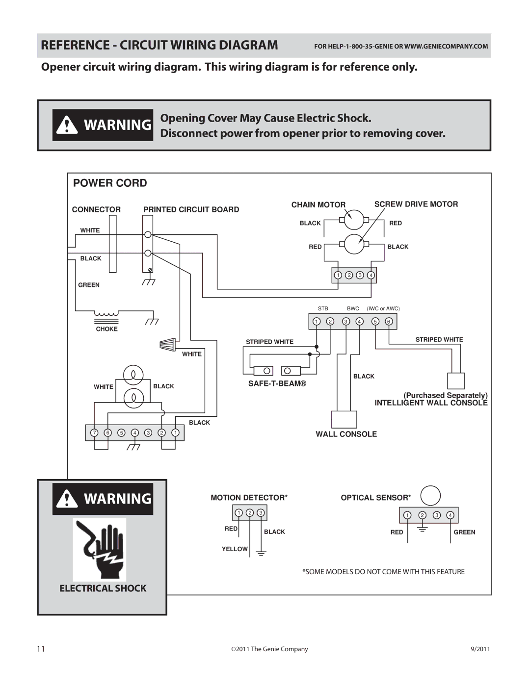 Genie 1000 manual Reference Circuit Wiring Diagram, Power Cord 