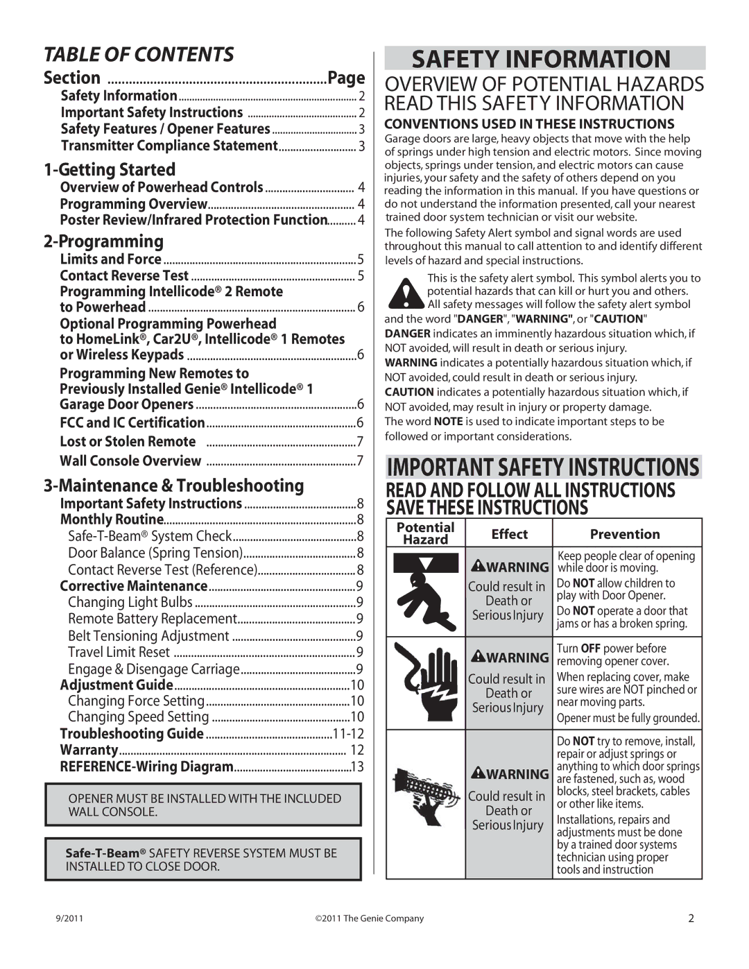 Genie 1000 manual Safety Information 