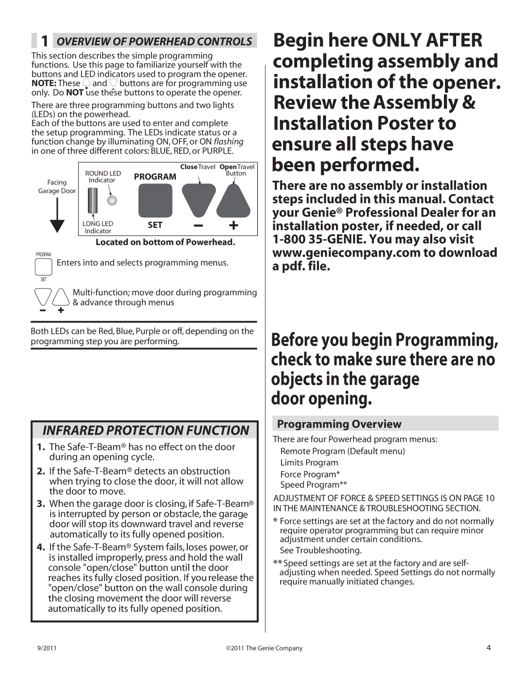 Genie 1000 manual Programming Overview, Enters into and selects programming menus 
