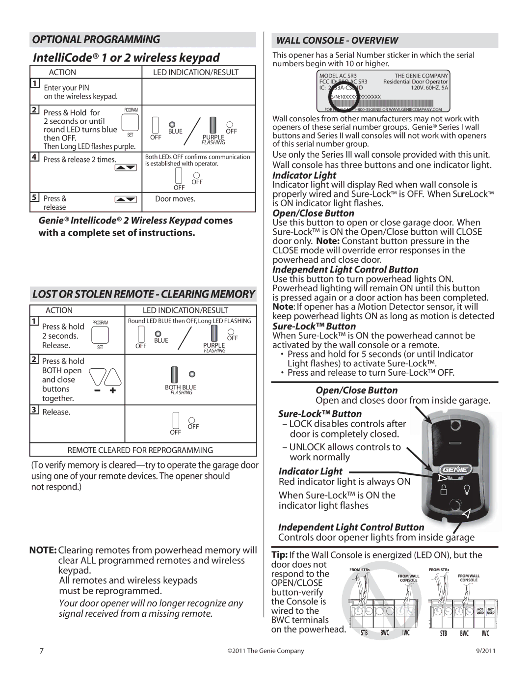 Genie 1000 Wall Console Overview, Indicator Light, Open/Close Button, Independent Light Control Button, Sure-Lock Button 