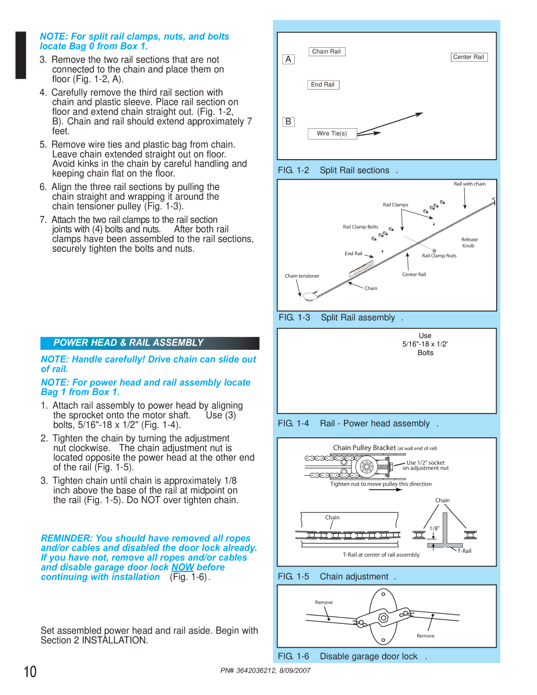 Genie 1024, 1022 manual Split Rail sections, Split Rail assembly 