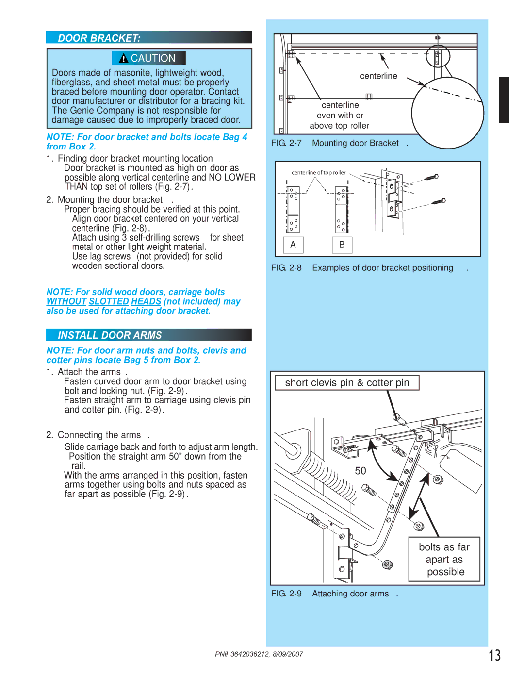 Genie 1022, 1024 manual Door Bracket, Install Door Arms 