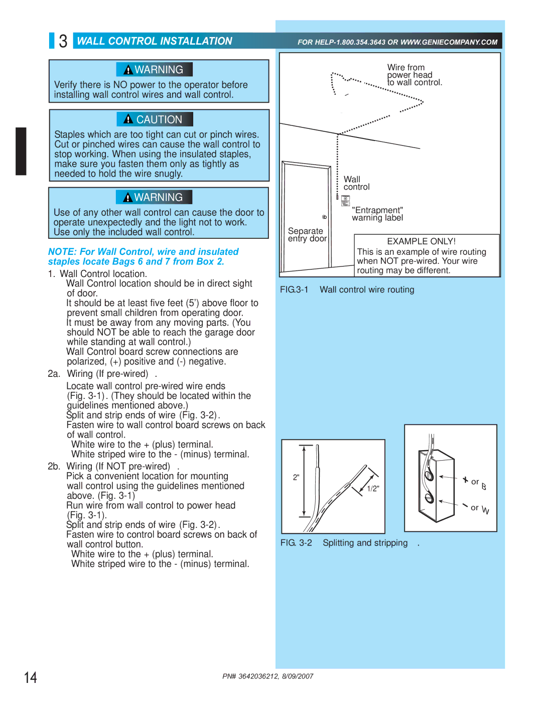 Genie 1024 Wall Control Installation, Wall Control location should be in direct sight of door, 2a. Wiring If pre-wired 