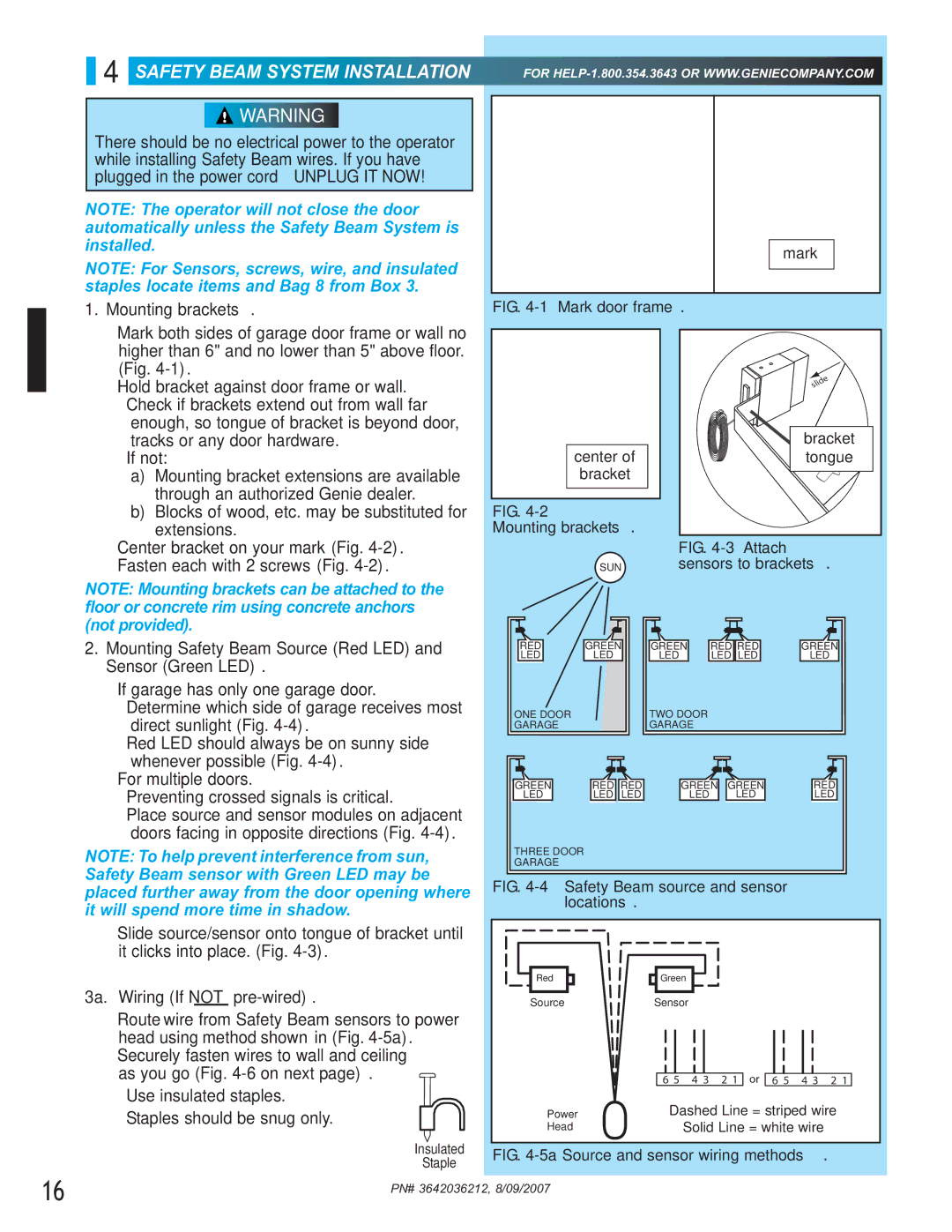 Genie 1024 Mounting Safety Beam Source Red LED and Sensor Green LED, 3a. Wiring If not pre-wired, As you go -6 on next 