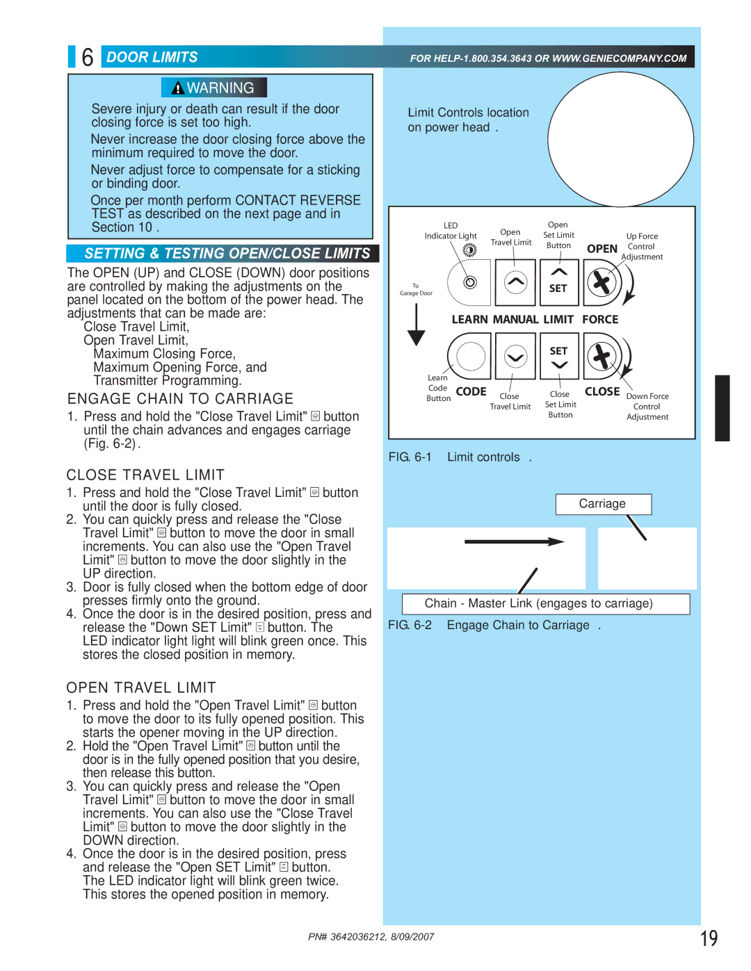 Genie 1022, 1024 manual Door Limits, Engage Chain to Carriage, Close Travel Limit, Open Travel Limit 