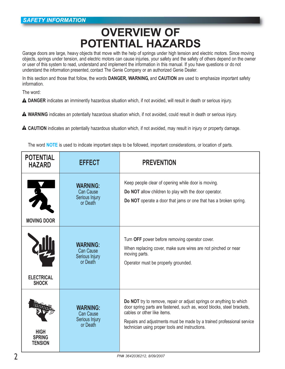 Genie 1024, 1022 manual Safety Information, Moving Door, Electrical Shock, High Spring Tension 