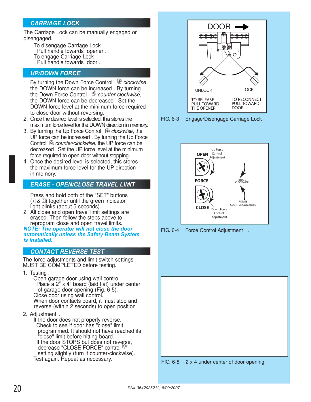 Genie 1024, 1022 manual Carriage Lock, UP/DOWN Force, Erase OPEN/CLOSE Travel Limit, Contact Reverse Test 