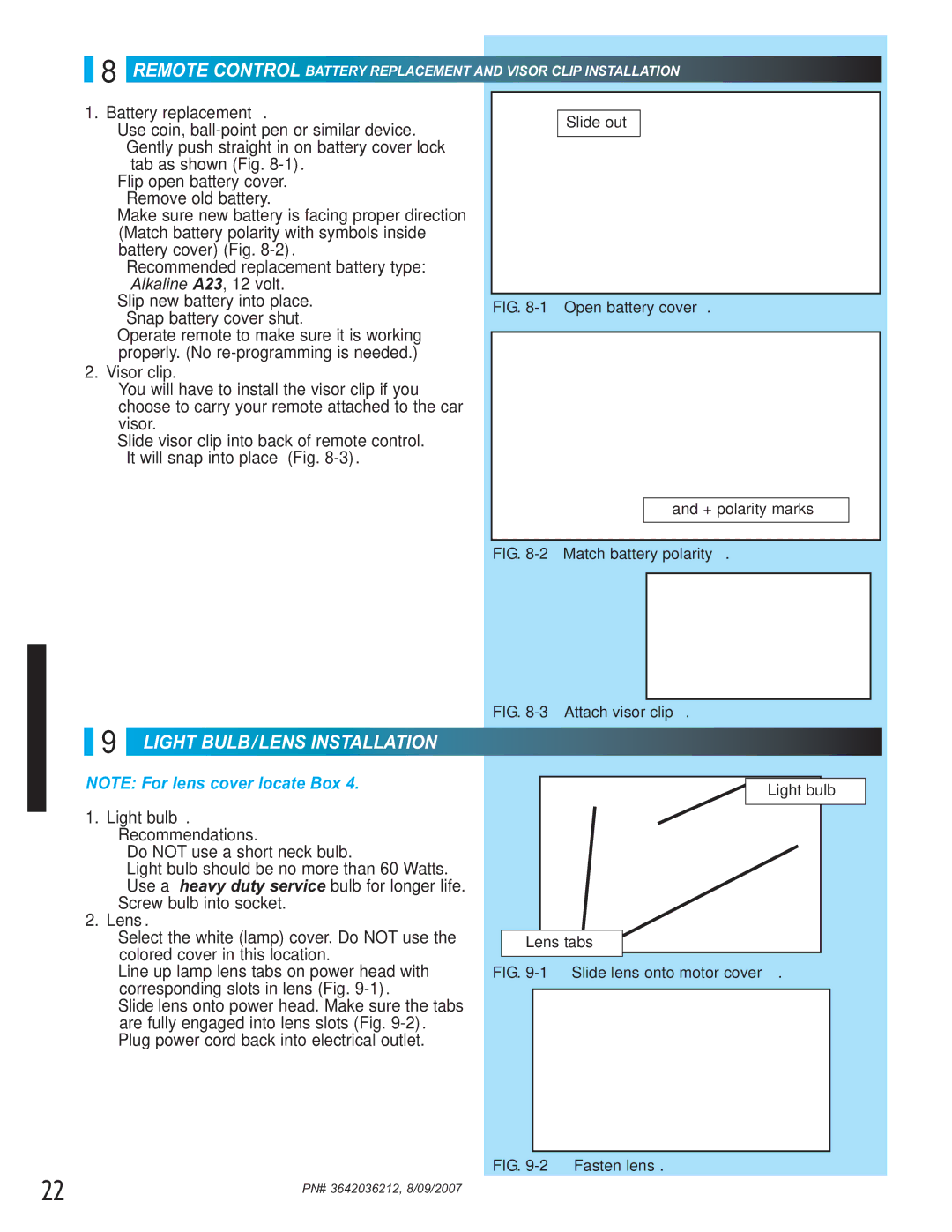 Genie 1024, 1022 manual Light BULB/LENS Installation, Battery replacement, Visor clip, Light bulb, Lens 