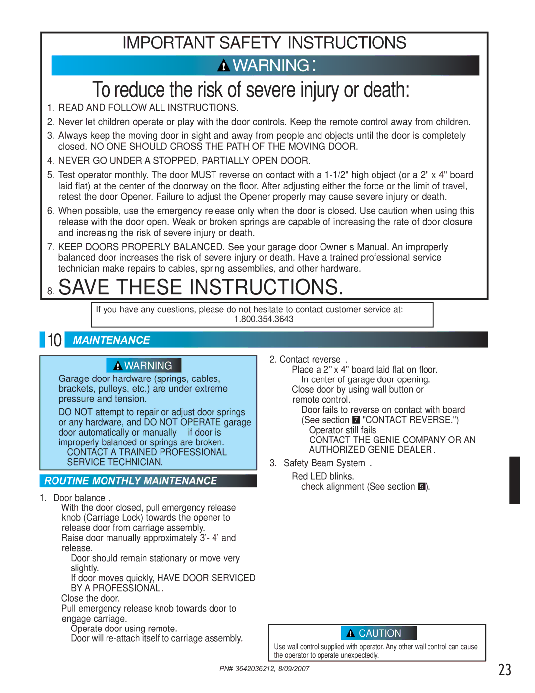 Genie 1022, 1024 manual Routine Monthly Maintenance, Door balance, Contact reverse, Safety Beam System 