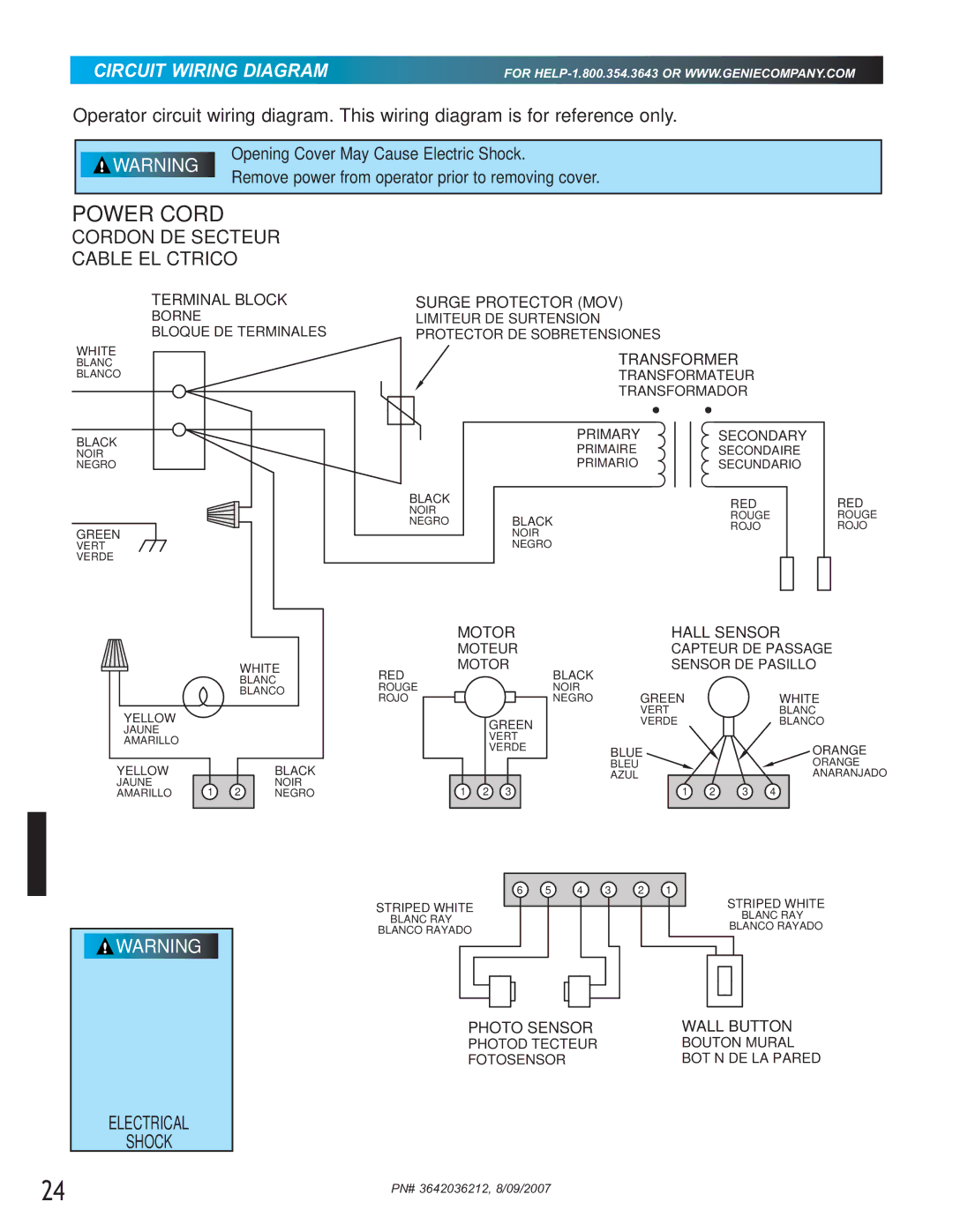 Genie 1024, 1022 manual Power Cord, Circuit Wiring Diagram 