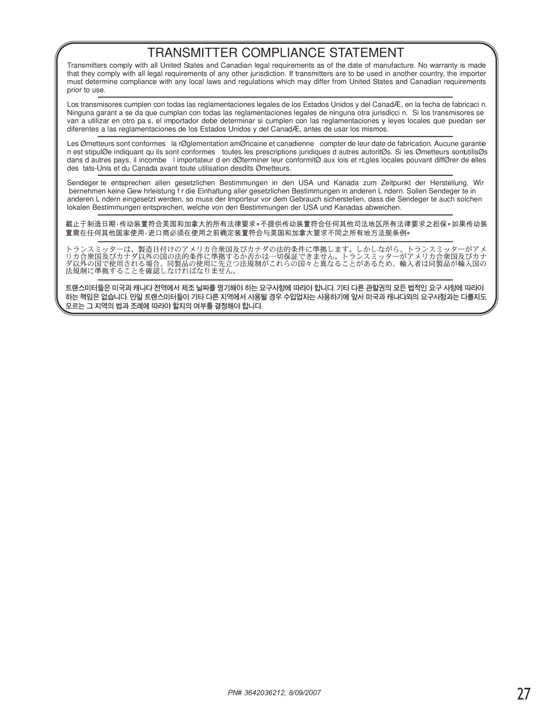 Genie 1022, 1024 manual Transmitter Compliance Statement 