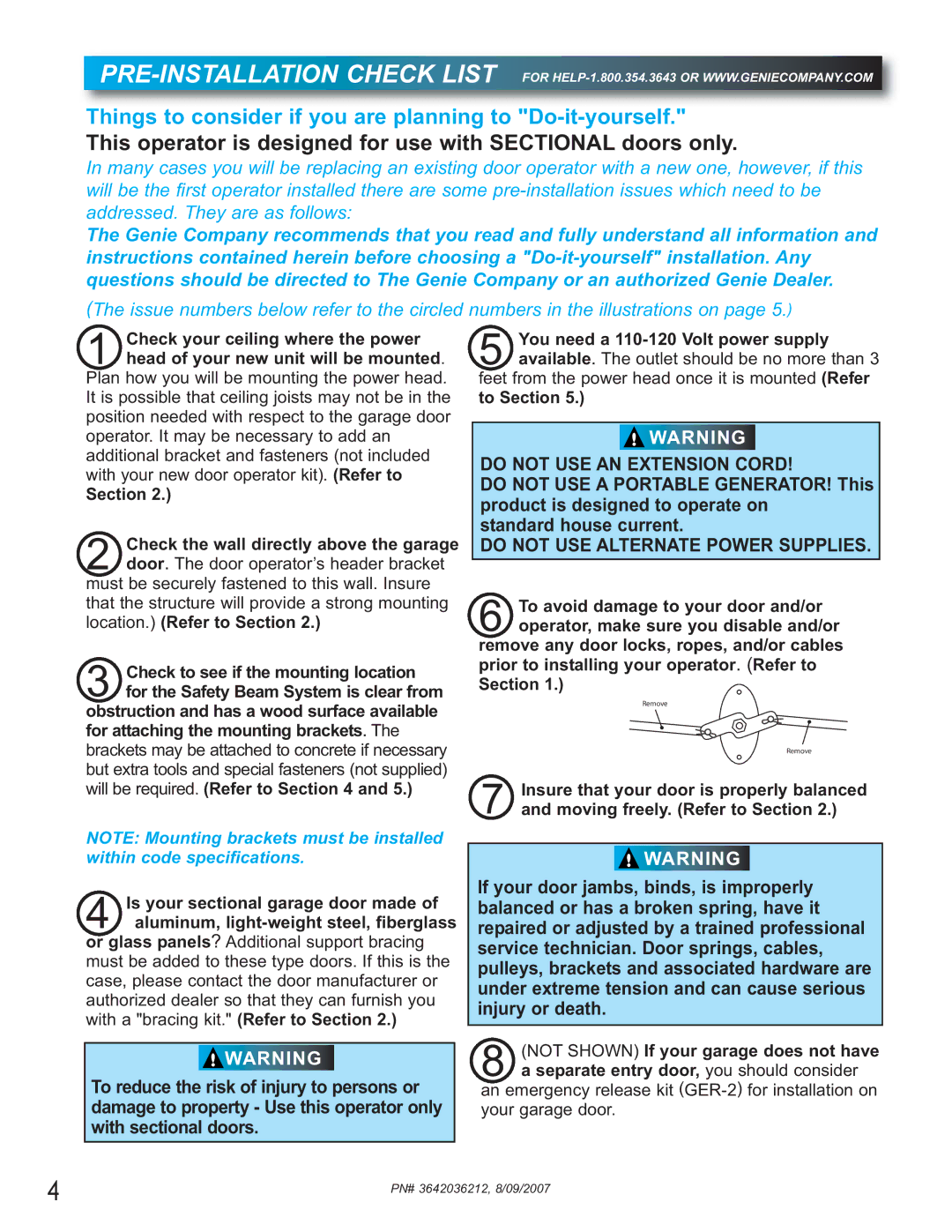 Genie 1024, 1022 manual Do not USE AN Extension Cord, Do not USE Alternate Power Supplies, Section 