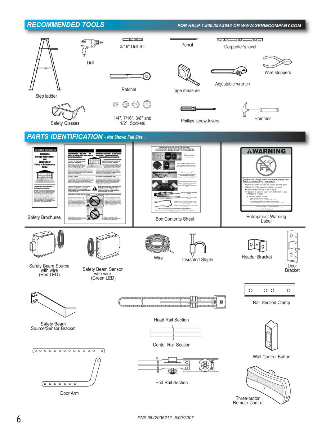 Genie 1024, 1022 manual Recommended Tools, Parts Identification Not Shown Full Size 