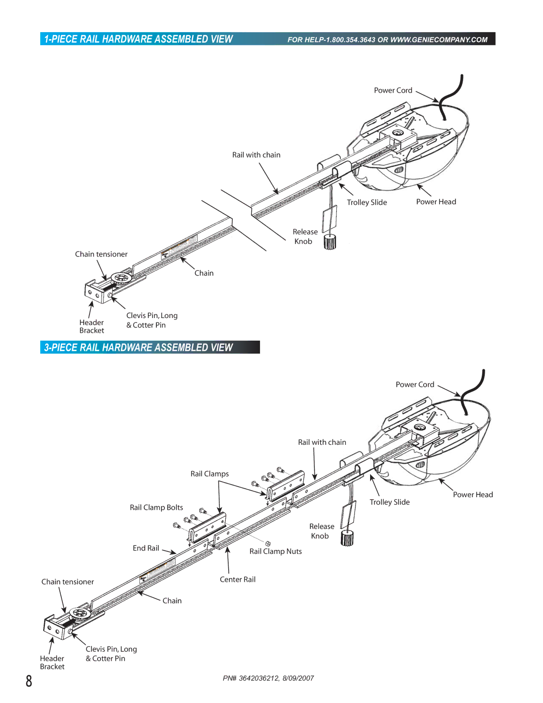 Genie 1024, 1022 manual Piece Rail Hardware Assembled View, Chain tensioner 