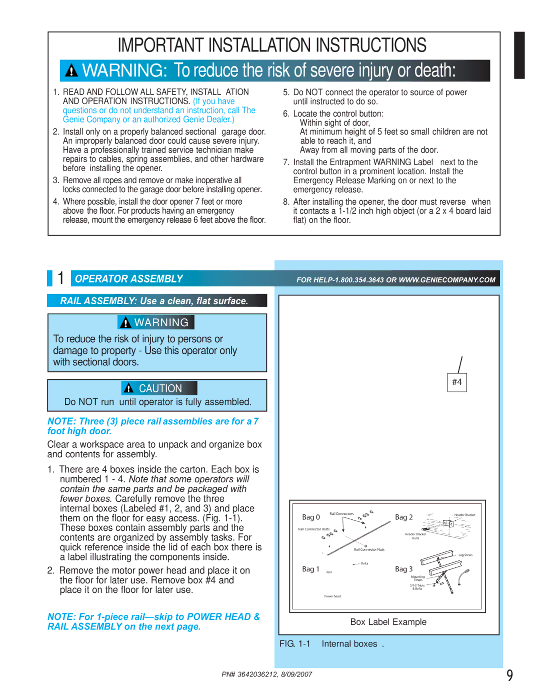 Genie 1022, 1024 manual Operator Assembly, Box Label Example Internal boxes 