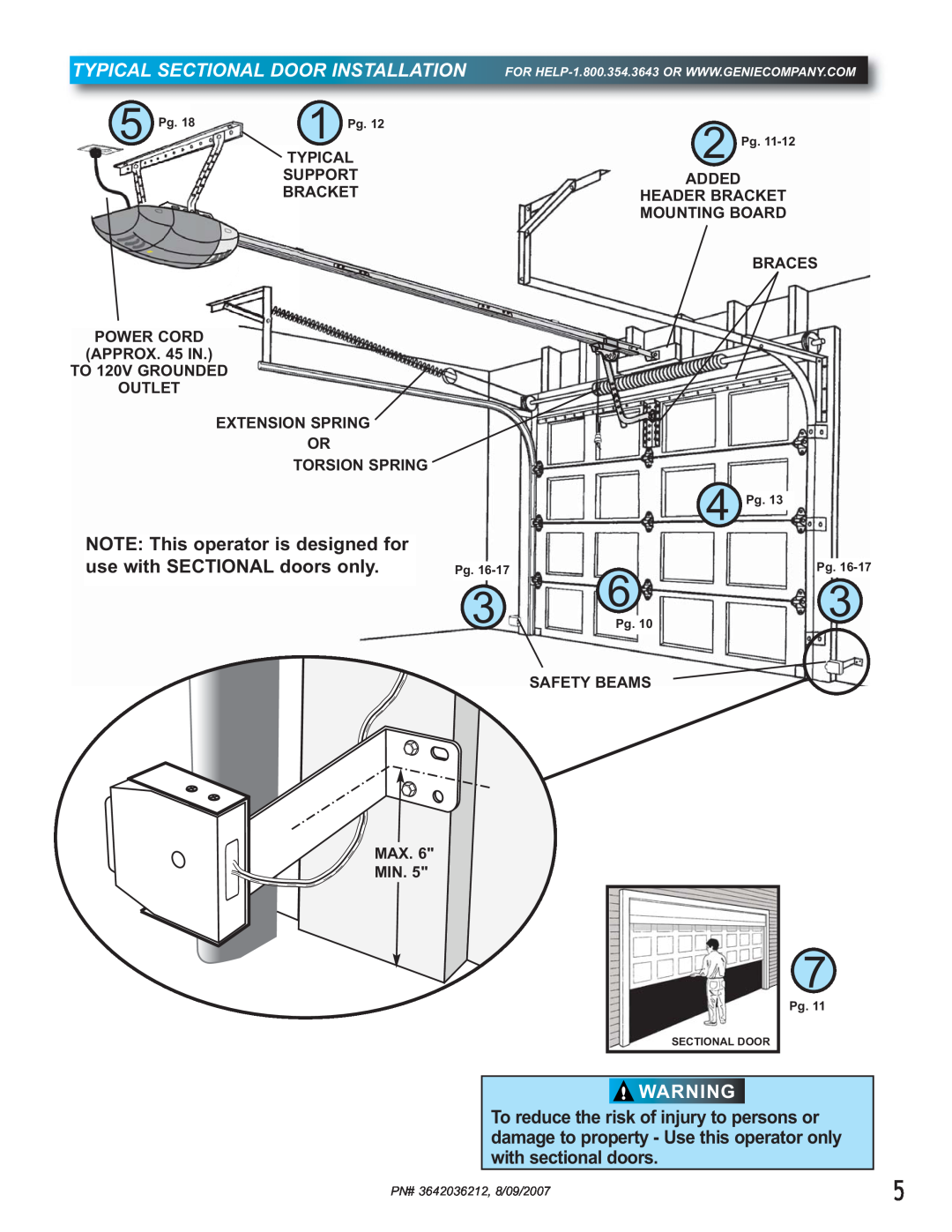 Genie 1022 Typical Sectional Door Installation, NOTE This operator is designed for use with SECTIONAL doors only, Support 