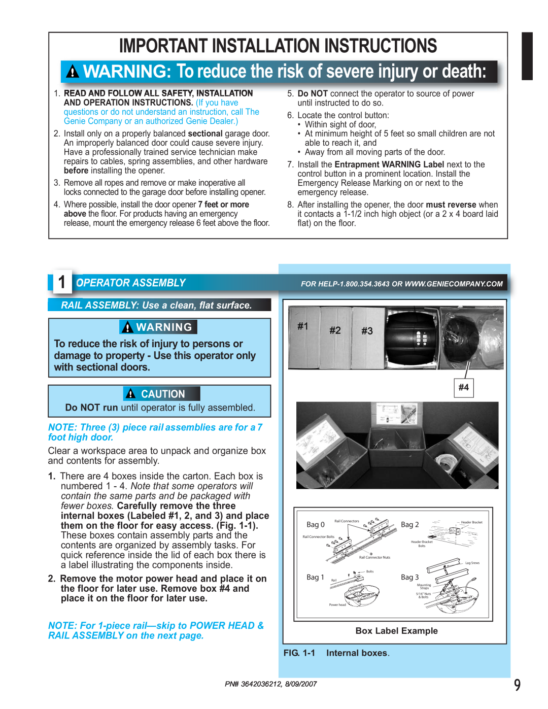 Genie 1022 Operator Assembly, Important Installation Instructions, WARNING Toreduce the risk of severe injury or death 