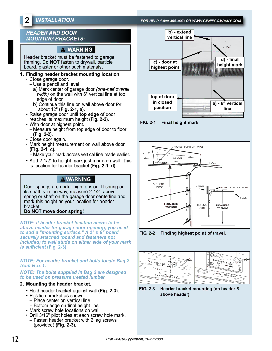 Genie 1042 manual Installation Header and Door Mounting Brackets, Finding header bracket mounting location 