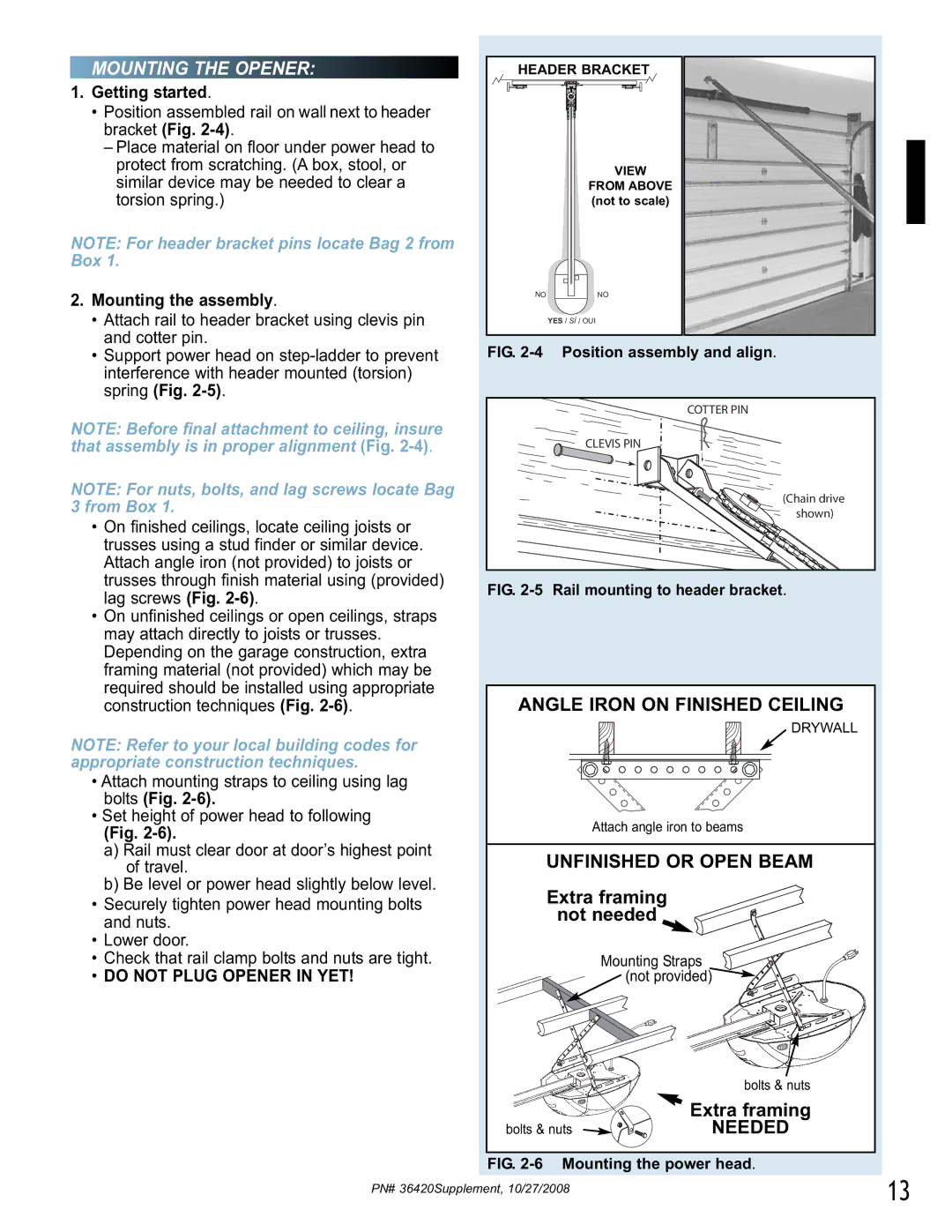 Genie 1042 manual Mounting the Opener, Getting started, Mounting the assembly, Attach angle iron to beams, Not provided 