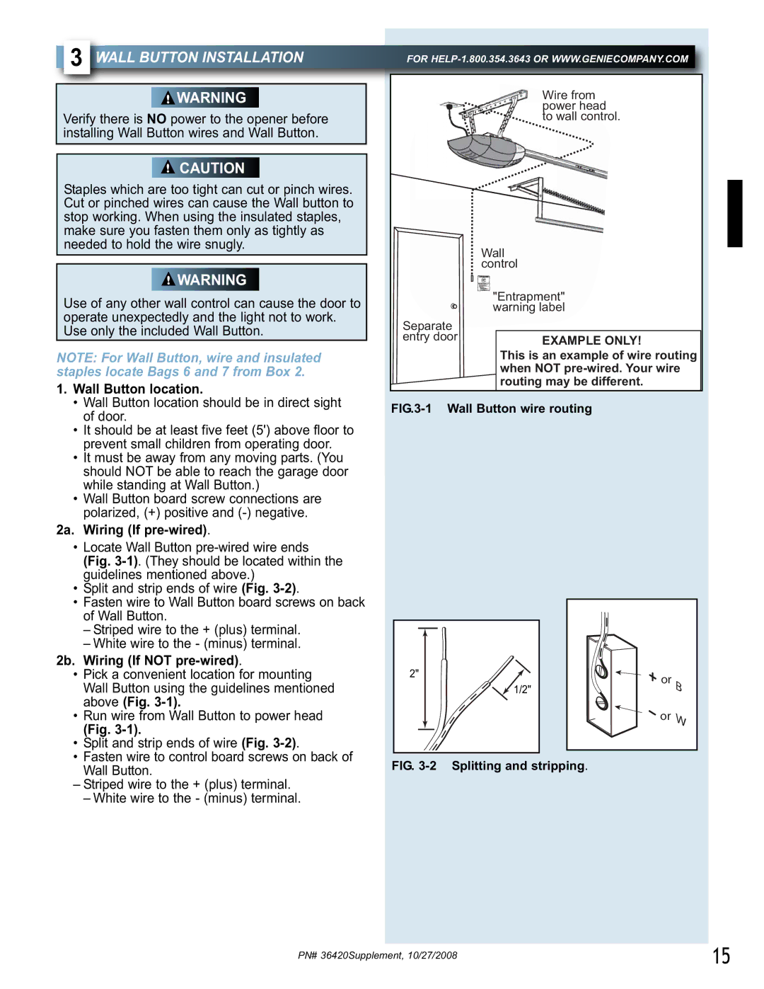 Genie 1042 manual Wall Button Installation, Wall Button location, 2a. Wiring If pre-wired, 2b. Wiring If not pre-wired 