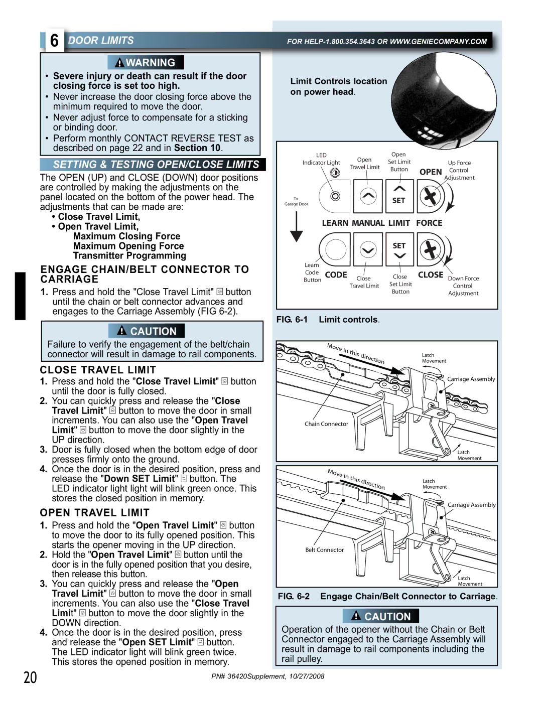 Genie 1042 manual Door Limits, Setting & Testing OPEN/CLOSE Limits, Close Travel Limit 