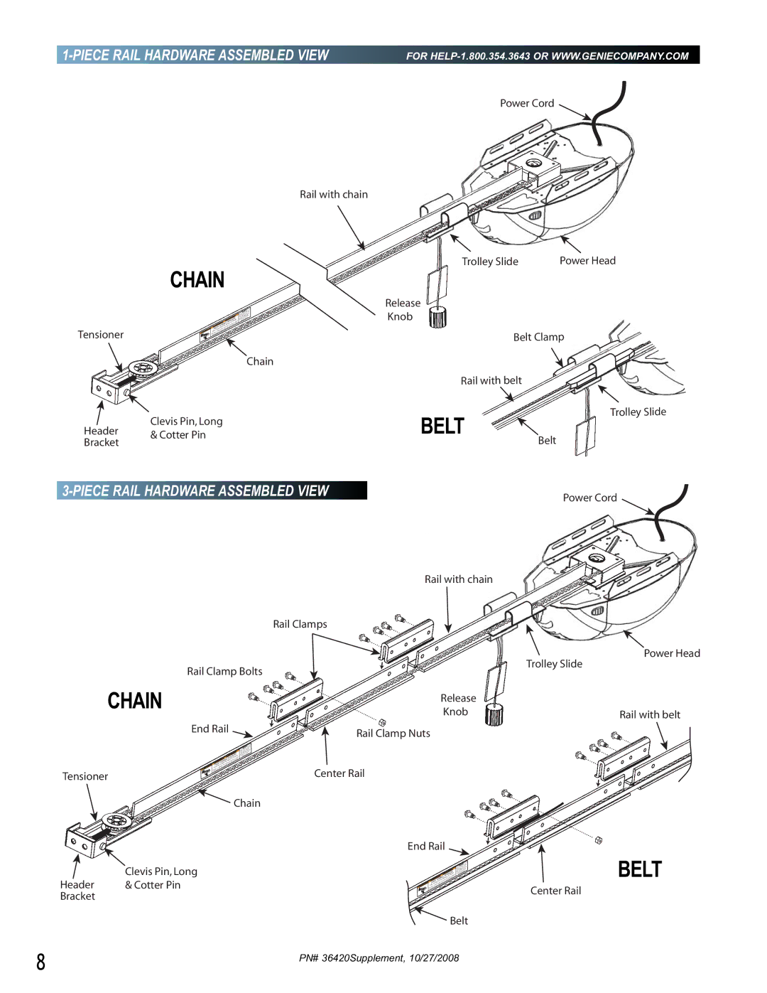 Genie 1042 manual Chain, Piece Rail Hardware Assembled View 