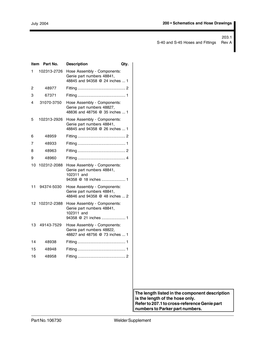 Genie 106730 203.1 S-45 Hoses and Fittings Rev a, 102313-2726, Genie part numbers 48756 @ 35 inches 102313-2926 