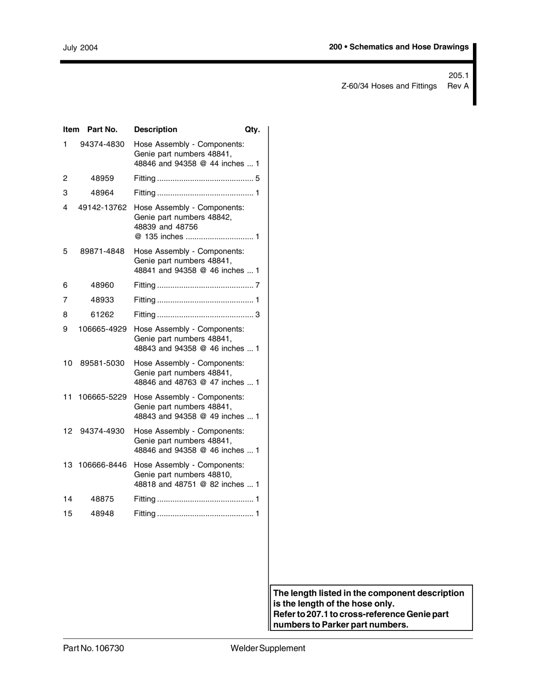 Genie 106730 service manual 205.1 60/34 Hoses and Fittings Rev a, 94374-4830 