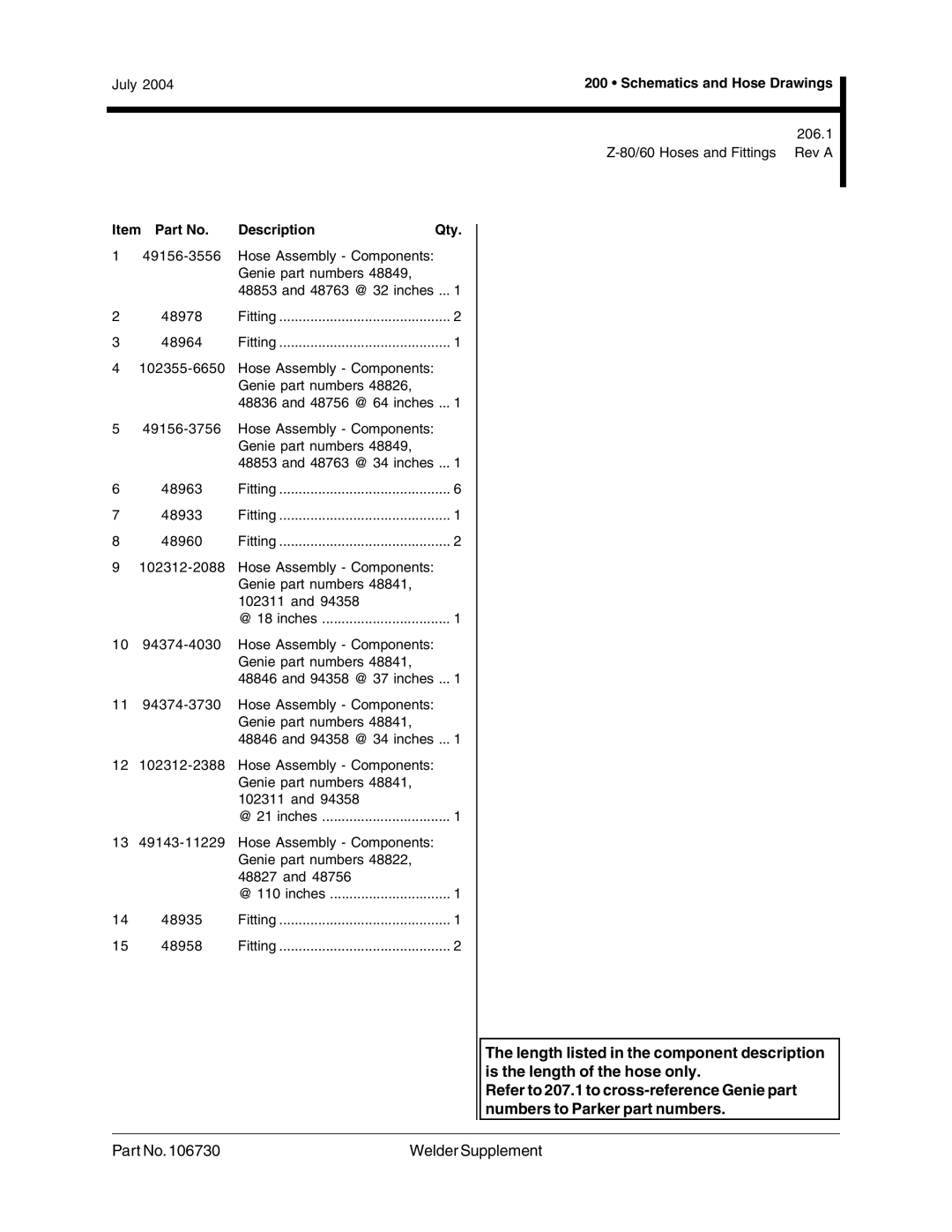 Genie 106730 206.1 80/60 Hoses and Fittings Rev a, 49156-3556, Genie part numbers 48756 @ 64 inches 49156-3756 