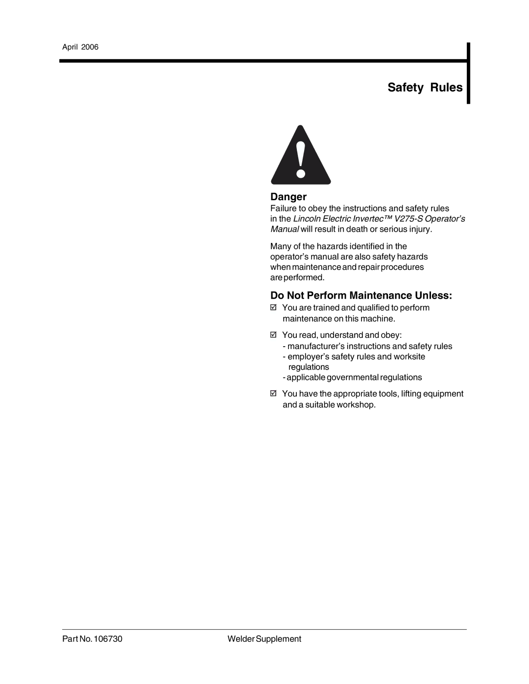 Genie 106730 service manual Safety Rules 