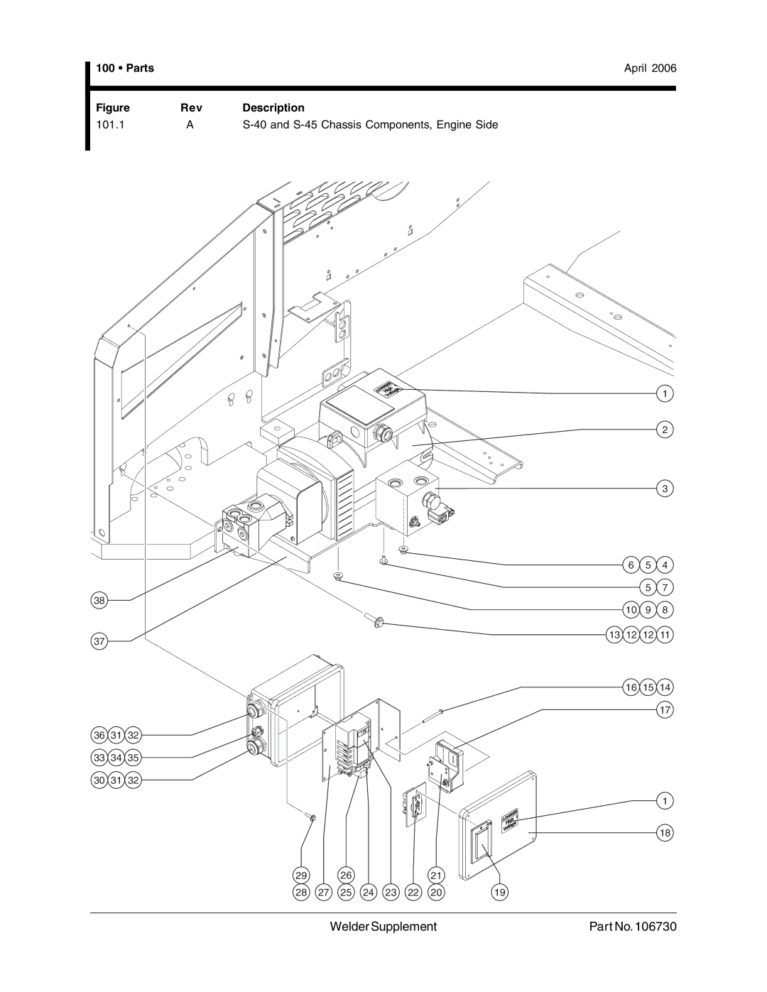 Genie 106730 service manual Parts April, S-40 and S-45 Chassis Components, Engine Side 