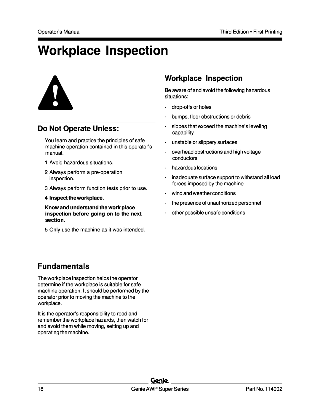 Genie 114002 manual Workplace Inspection, Inspect the workplace, Do Not Operate Unless, Fundamentals 