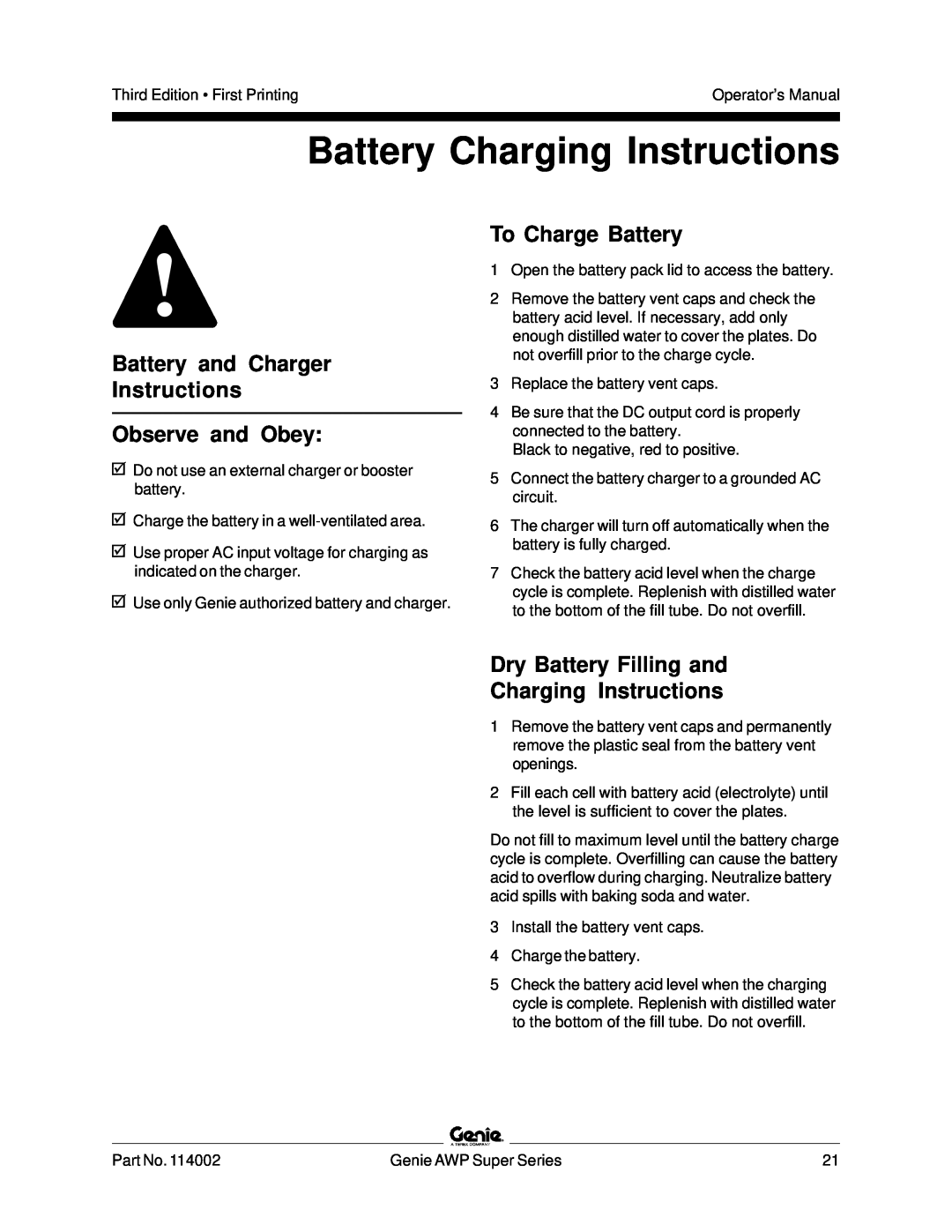 Genie 114002 manual Battery Charging Instructions, Battery and Charger Instructions Observe and Obey, To Charge Battery 