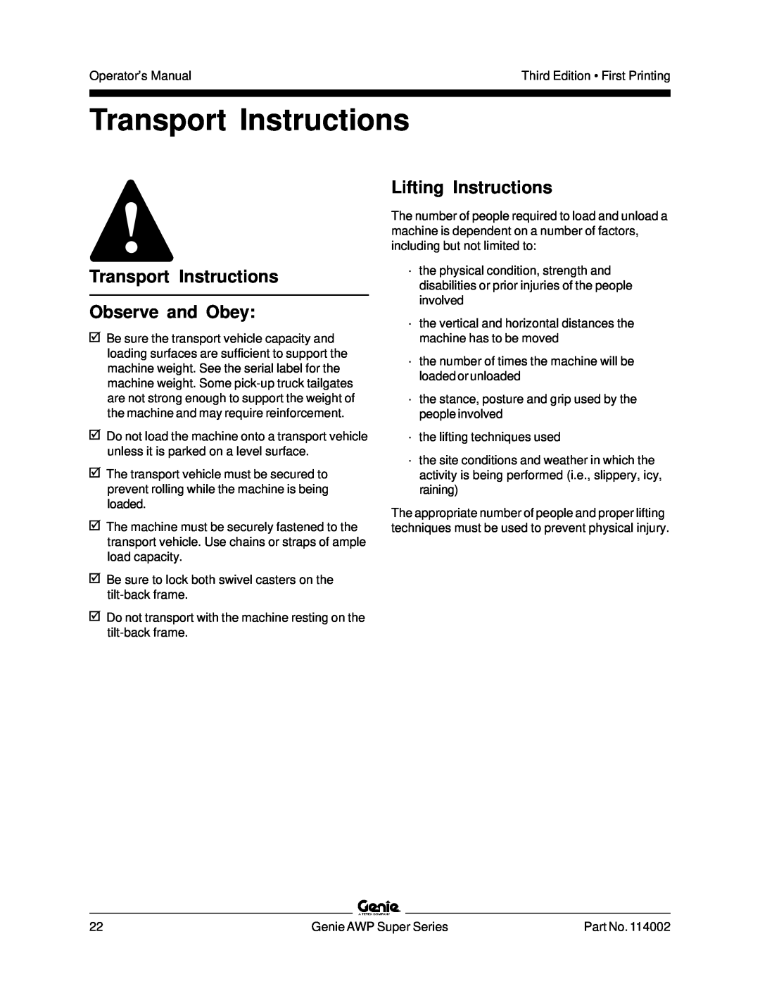 Genie 114002 manual Transport Instructions Observe and Obey, Lifting Instructions 