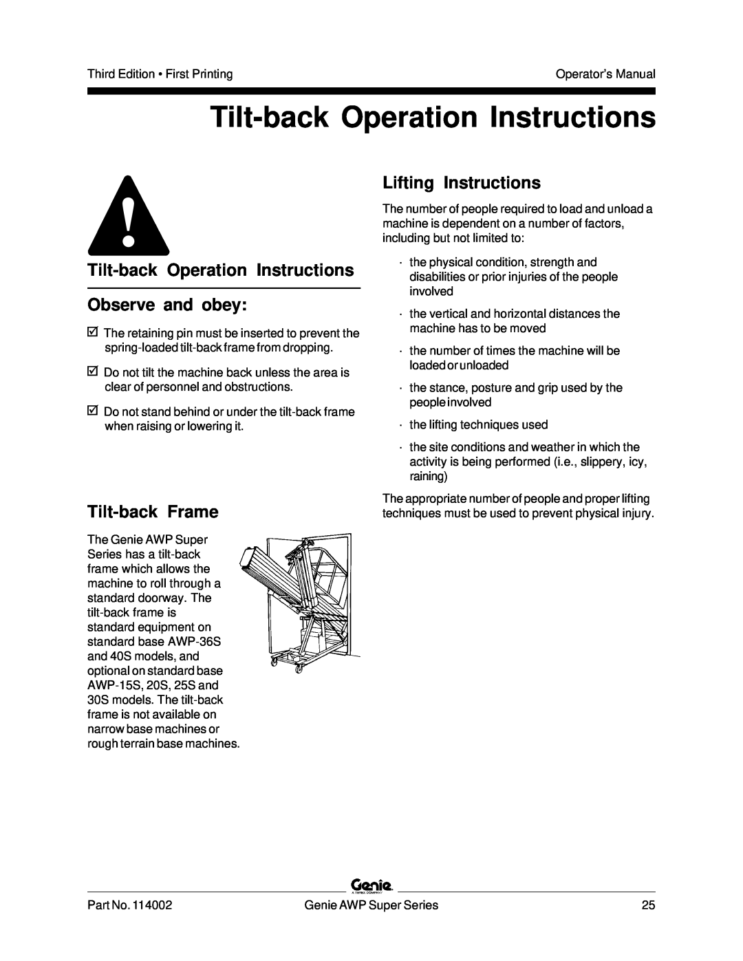 Genie 114002 manual Tilt-back Operation Instructions Observe and obey, Tilt-back Frame, Lifting Instructions 