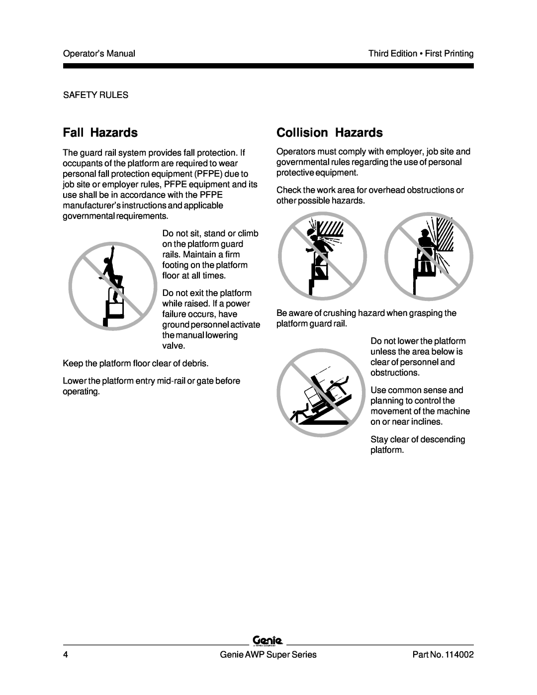 Genie 114002 manual Fall Hazards, Collision Hazards 
