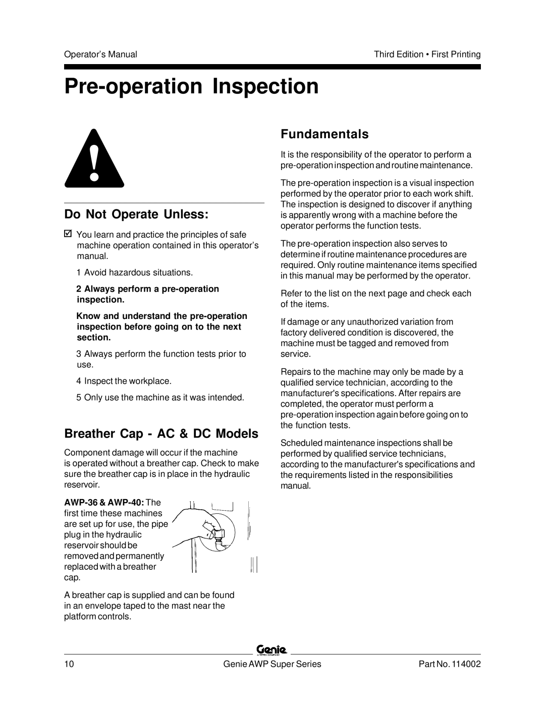 Genie 114002 manual Pre-operation Inspection, Breather Cap AC & DC Models, Fundamentals 