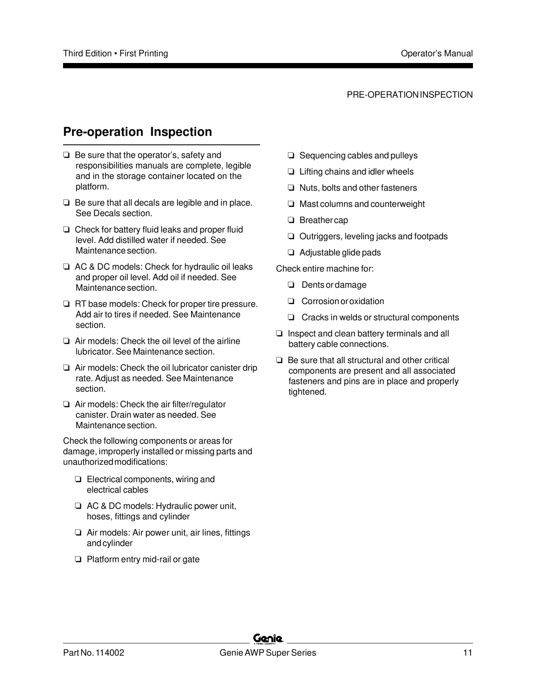 Genie 114002 manual Pre-operation Inspection, PRE-OPERATION Inspection 