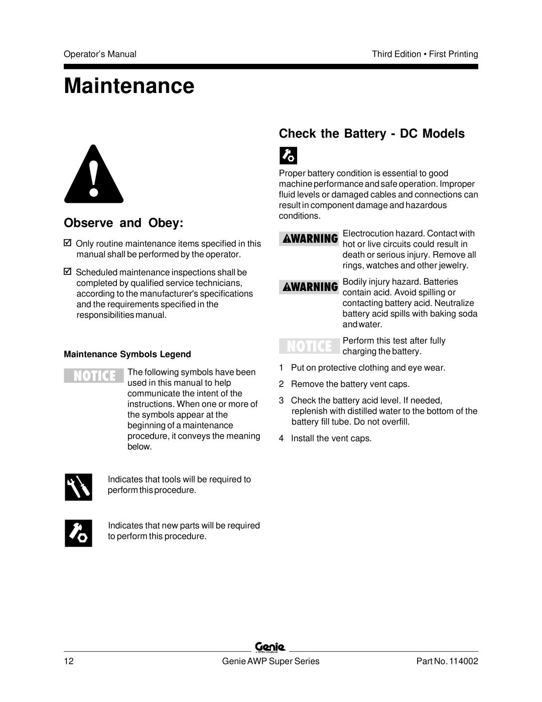 Genie 114002 manual Maintenance, Observe and Obey, Check the Battery DC Models 