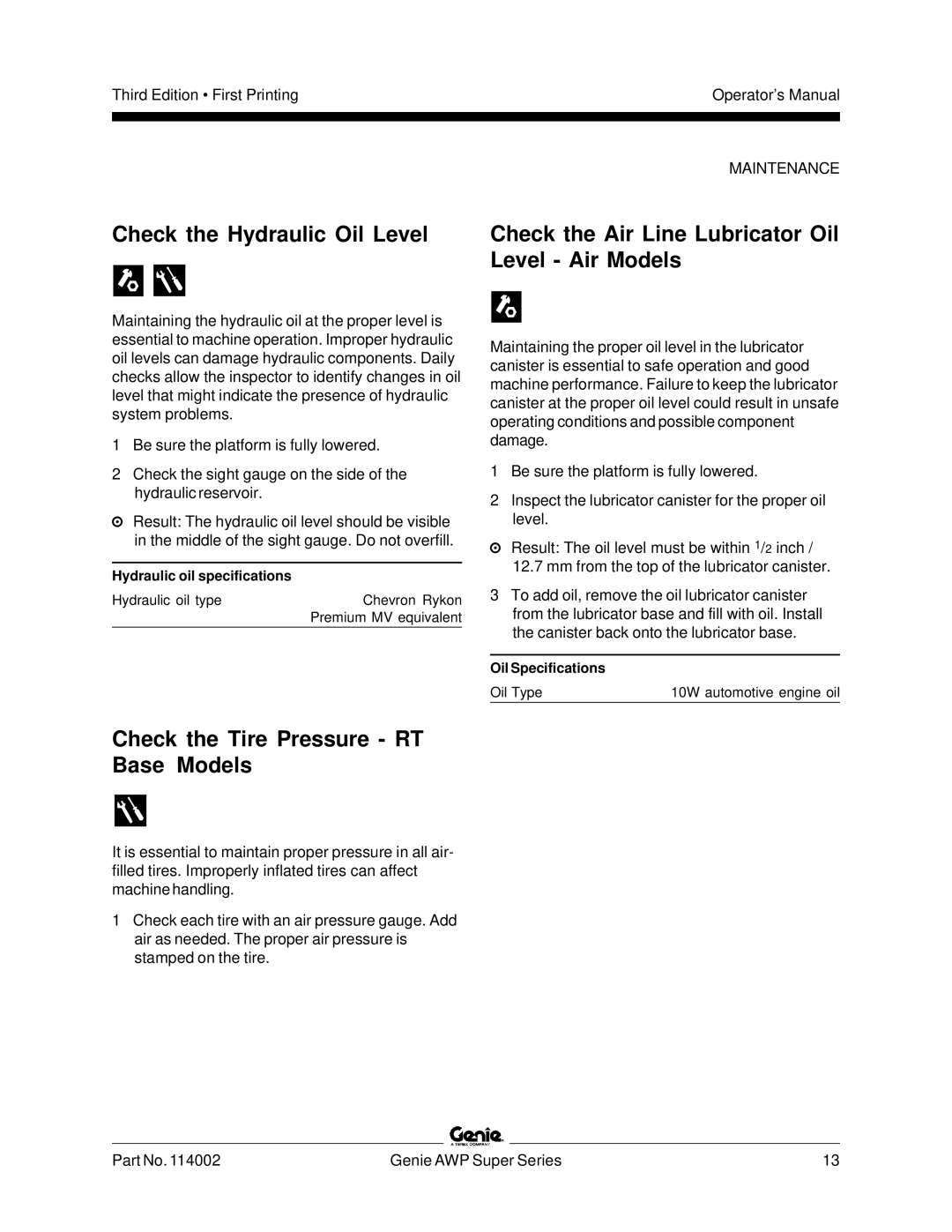 Genie 114002 manual Check the Hydraulic Oil Level, Check the Tire Pressure RT Base Models 