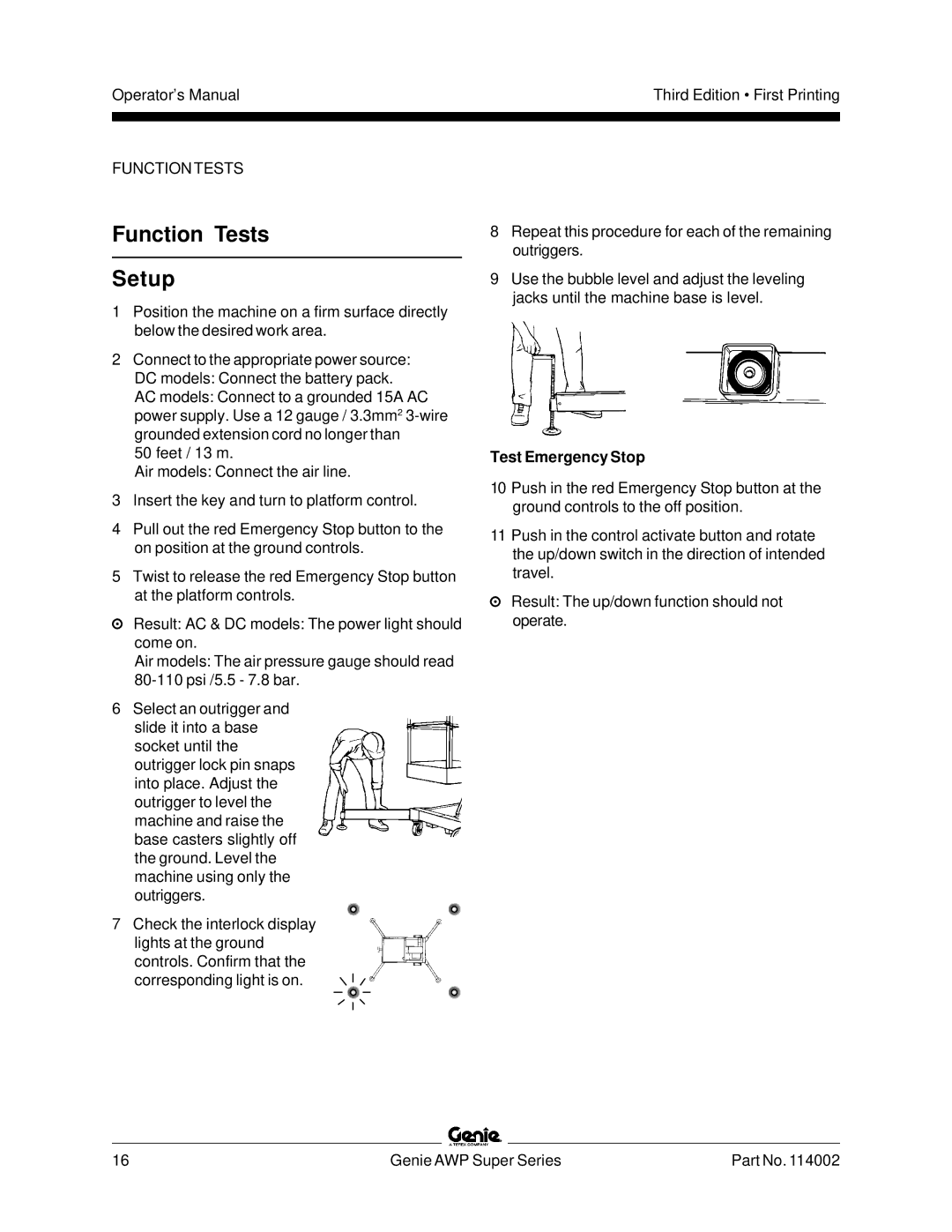 Genie 114002 manual Function Tests Setup, Test Emergency Stop 