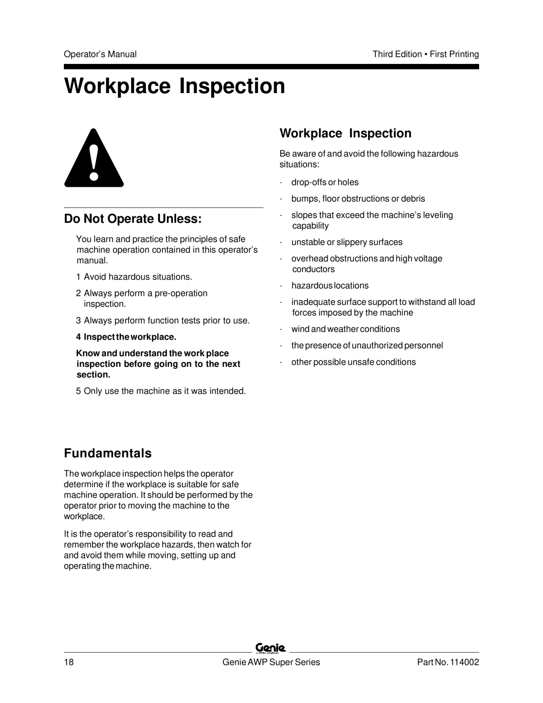 Genie 114002 manual Workplace Inspection 