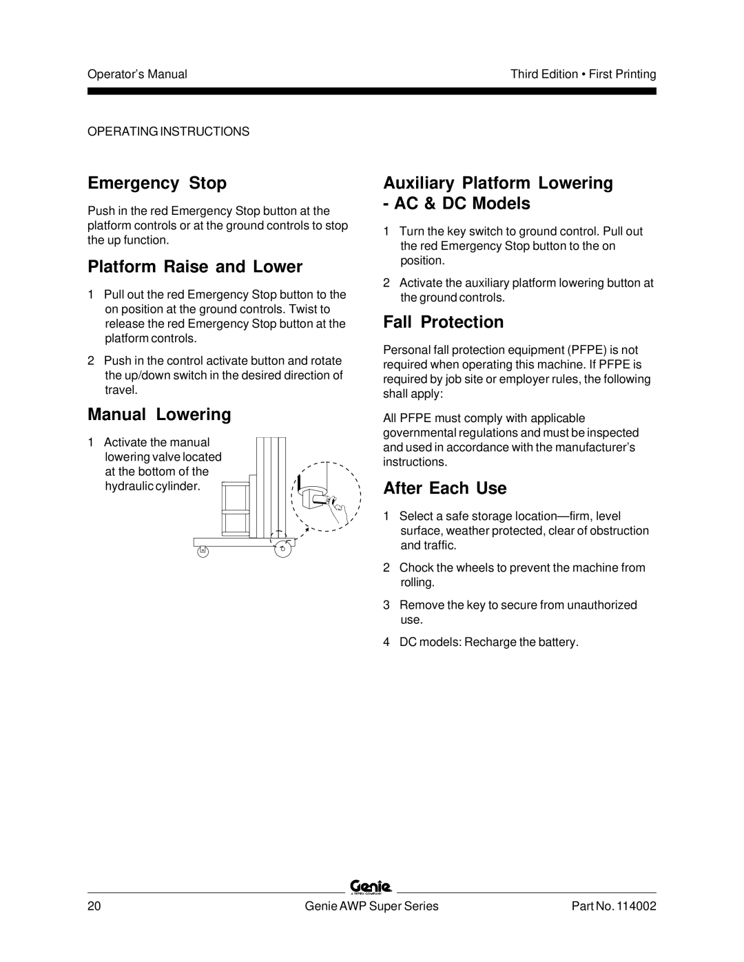 Genie 114002 manual Emergency Stop, Platform Raise and Lower, Manual Lowering, Auxiliary Platform Lowering AC & DC Models 