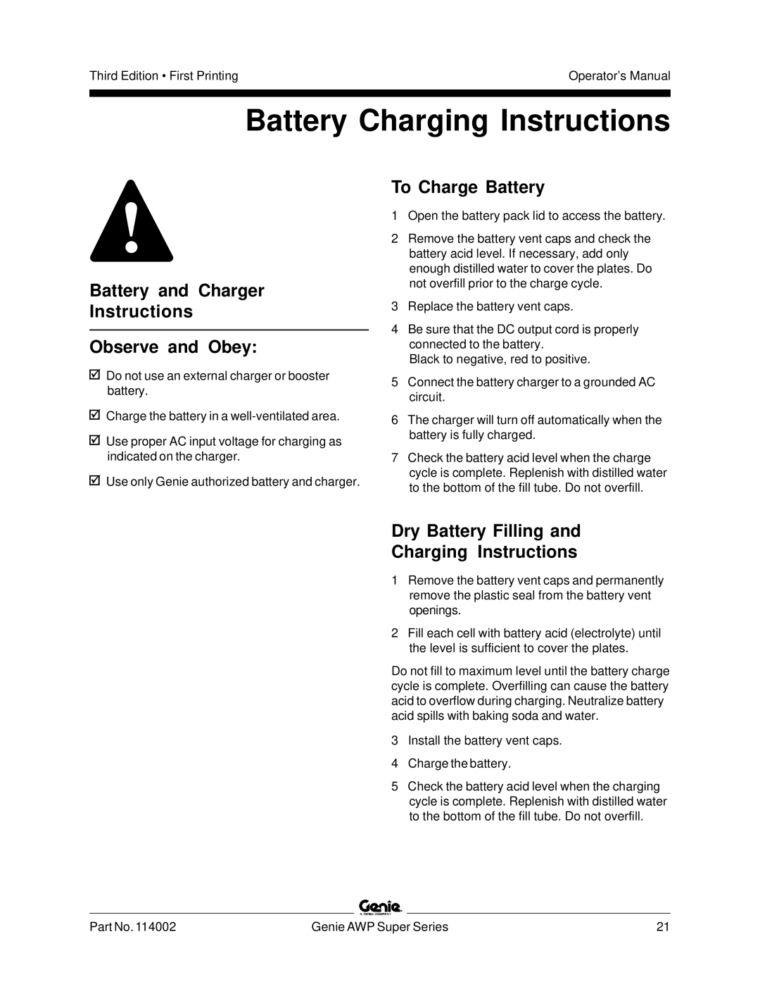 Genie 114002 manual Battery Charging Instructions, Battery and Charger Instructions Observe and Obey, To Charge Battery 