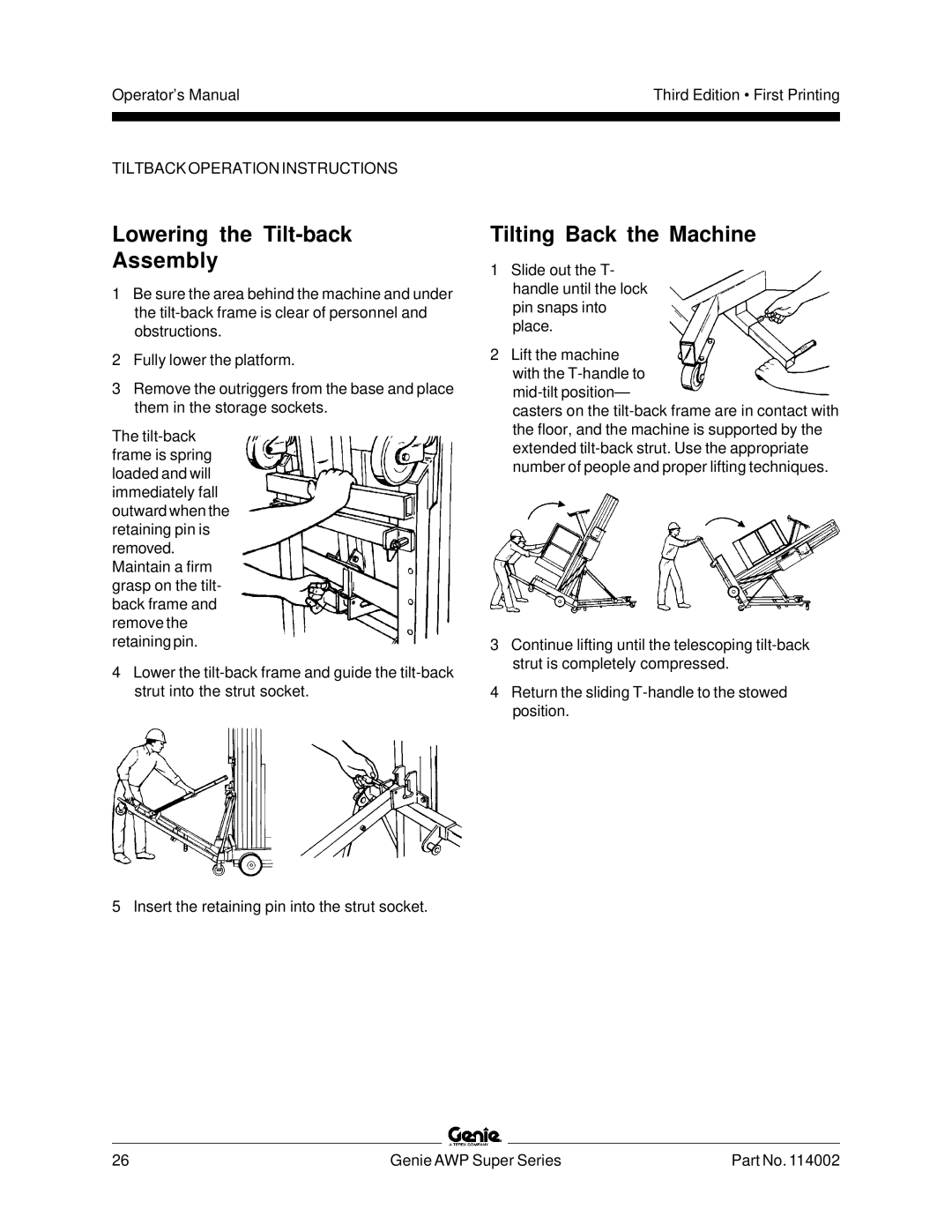 Genie 114002 manual Lowering the Tilt-back Assembly, Tilting Back the Machine 