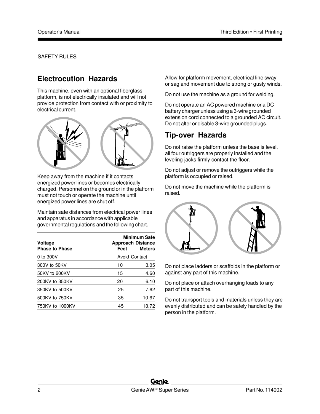 Genie 114002 manual Electrocution Hazards, Tip-over Hazards 