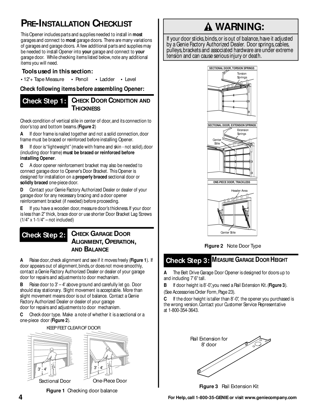 Genie 2040L PRE-INSTALLATION Checklist, Check Check Garage Door, Check following items before assembling Opener, Thickness 