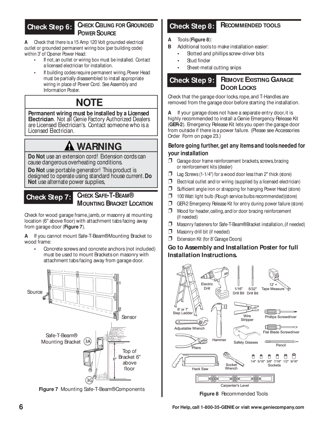 Genie 2040L, 3563435770 Check Check SAFE-T-BEAM, Permanent wiring must be installed by a Licensed, Check Recommended Tools 