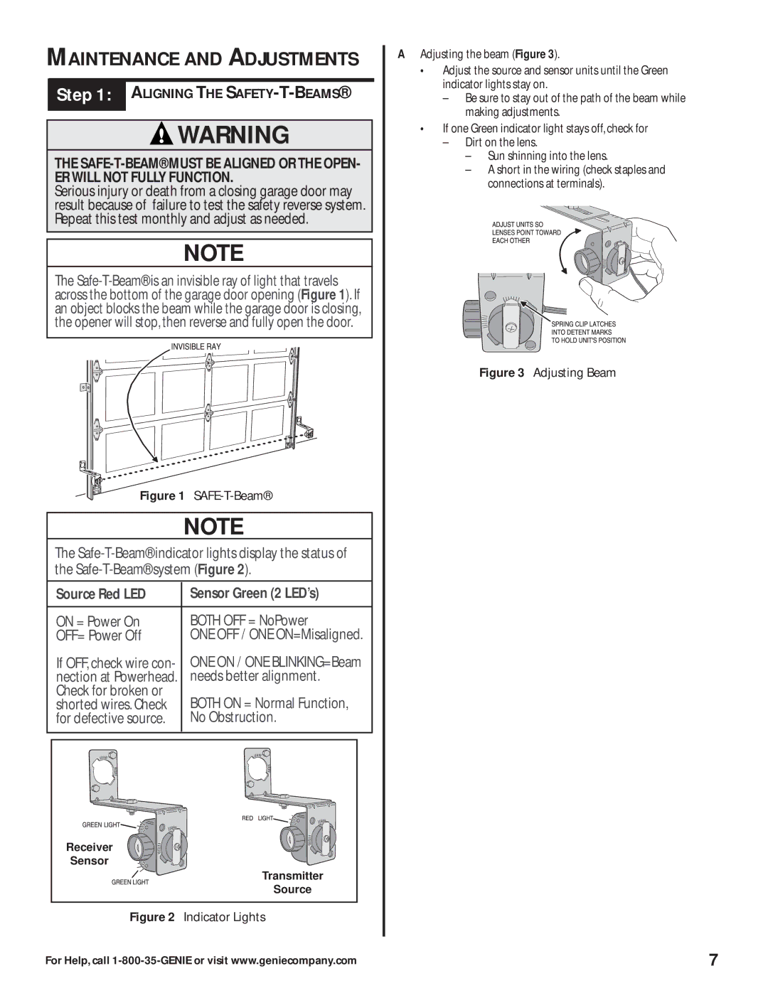 Genie 3563435770, 2040L warranty Maintenance and Adjustments, Aligning the SAFETY-T-BEAMS 