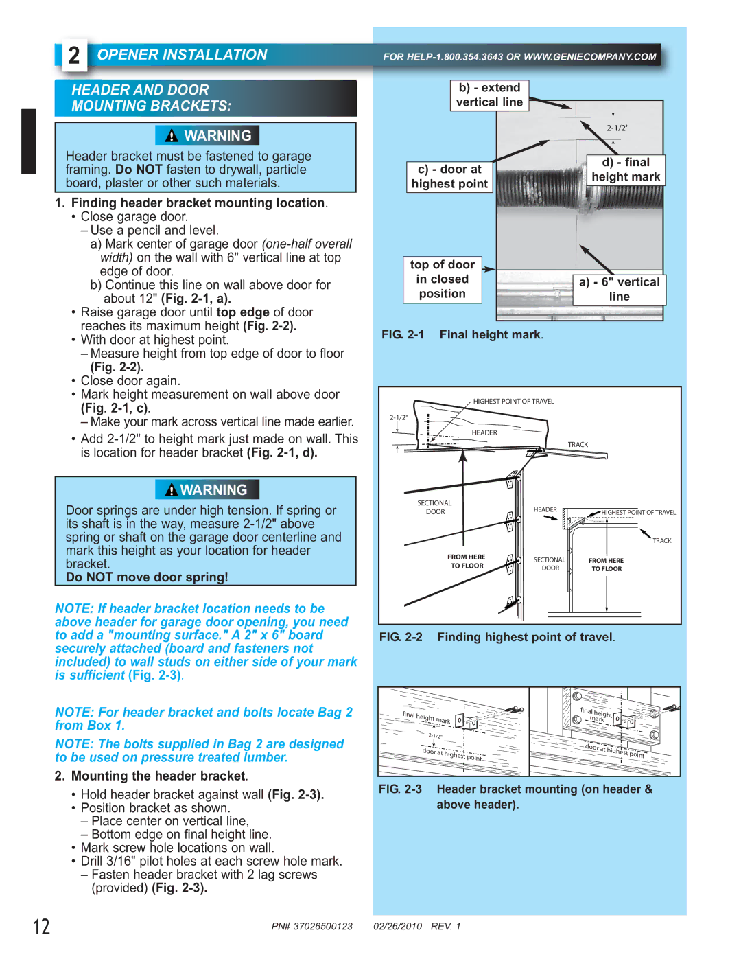 Genie 2042 Opener Installation Header and Door Mounting Brackets, Finding header bracket mounting location, Extend, Final 